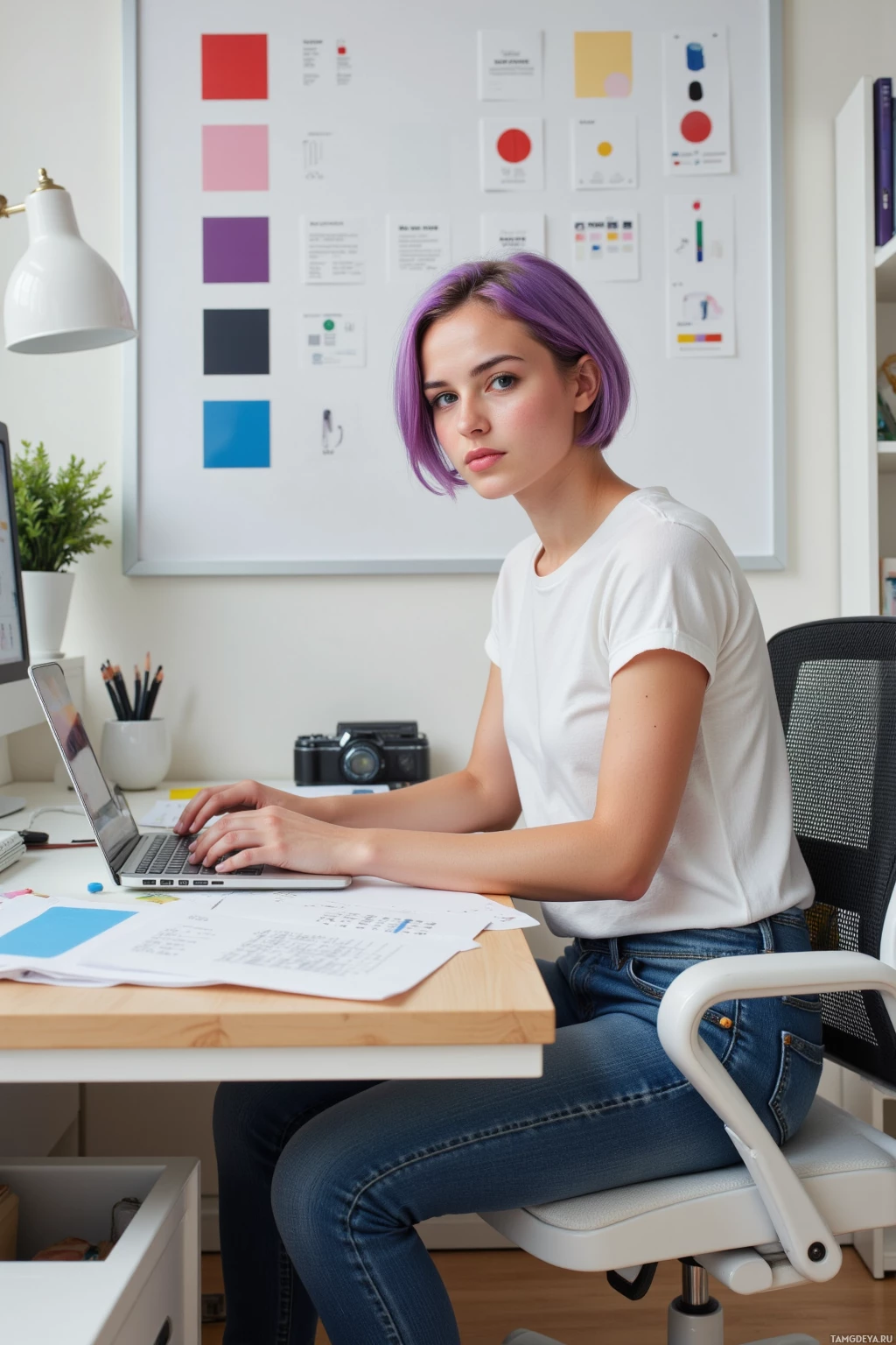A person with purple hair sits at a desk, working on a laptop in a well-lit room with a whiteboard and office supplies.