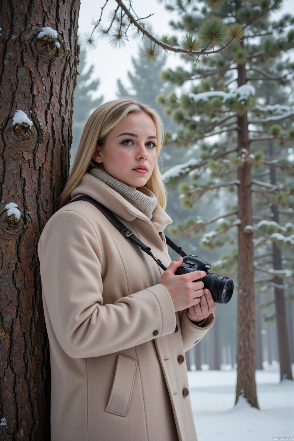 A person in a beige coat stands in a snowy forest, holding a camera.