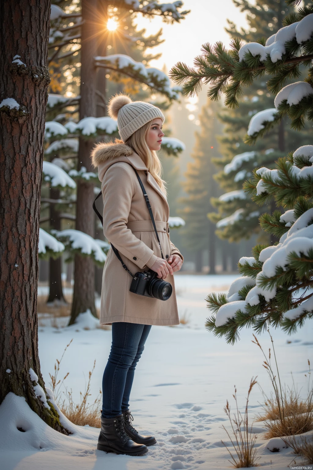 A person stands in a snowy forest, holding a camera, with sunlight filtering through the trees.