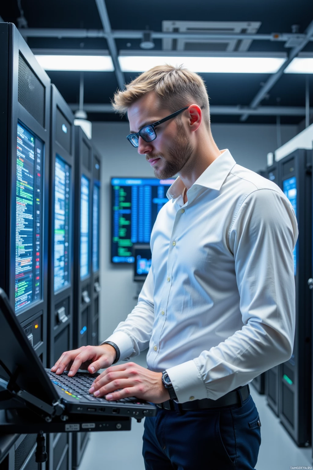 A man in a white shirt works on a laptop in a server room.