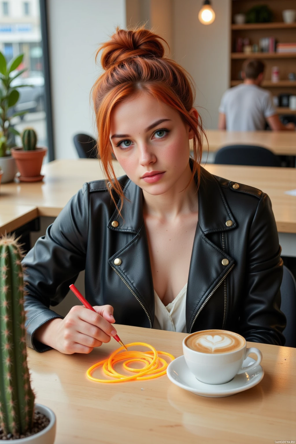 A woman with red hair in a bun sits at a table in a cafe, holding a red pen and looking at a cup of coffee with latte art.