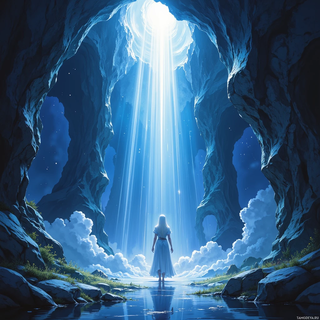 A serene scene of a person standing at the entrance of a cave, bathed in a beam of light, with a calm body of water reflecting the surroundings.