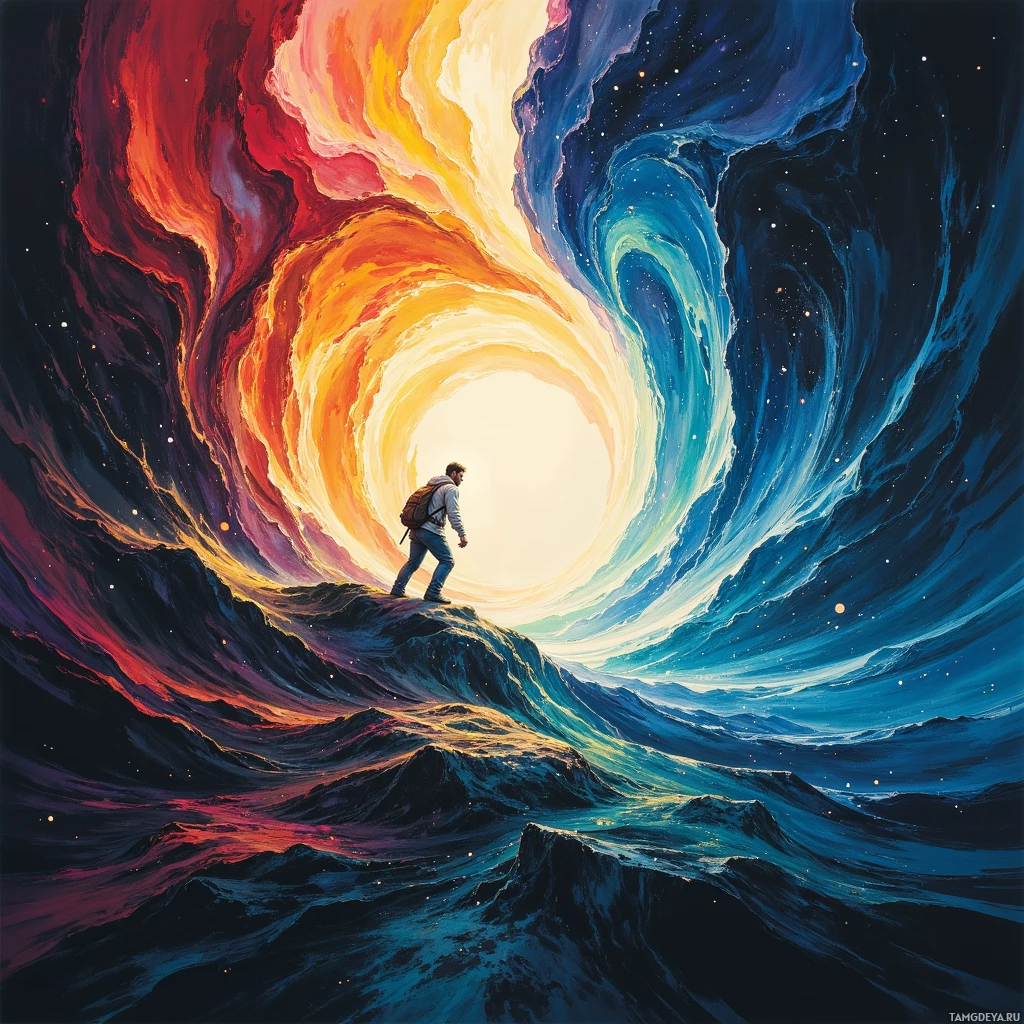 A person stands on a mountain peak, gazing into a swirling, colorful cosmic tunnel.