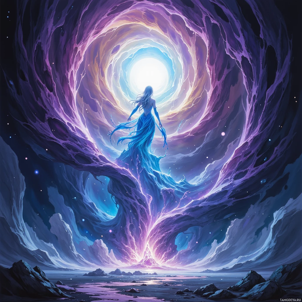 A figure in a flowing blue dress stands at the entrance of a vibrant, cosmic tunnel with swirling purple and blue hues.