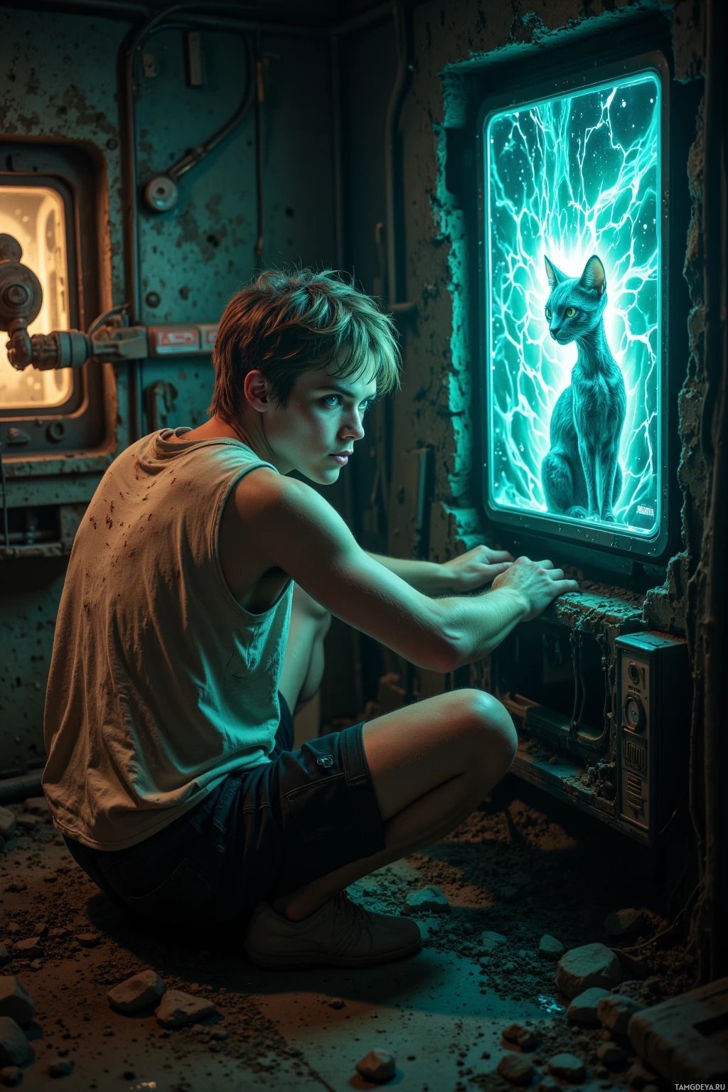 Realistic high quality photo. A 28‑year‑old man with short light brown hair, bright green eyes, wearing a worn oil‑stained tank top crouches in a derelict data vault, reviving a 1999 Linux distro on a 3.3GHz toaster whose boot splash looks like a meme, while a holographic cat GIF flickers on a nearby translucent screen, a robot vacuum performs an interpretive dance in the dim flickering lights, and a faint neural lace glow surrounds his head.