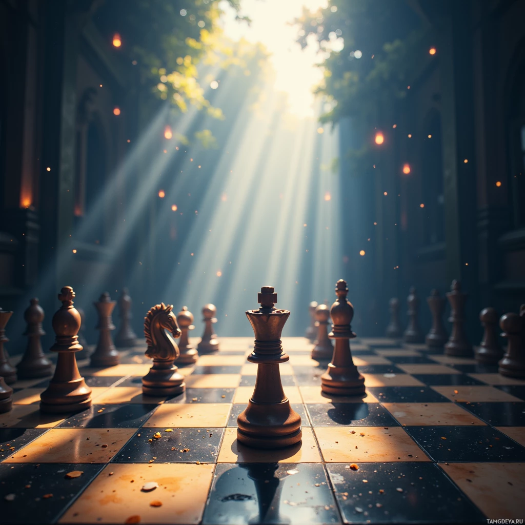 A chessboard with pieces arranged in a strategic formation, bathed in sunlight streaming through an arched window.