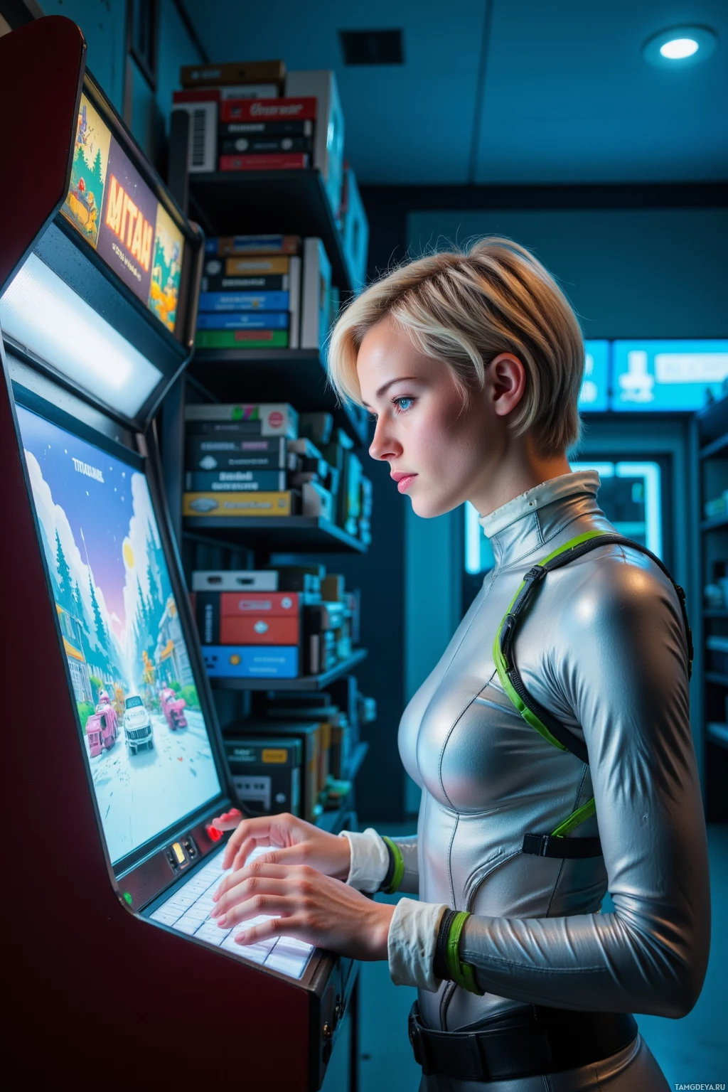 A person in a futuristic outfit plays a video game on an arcade machine.
