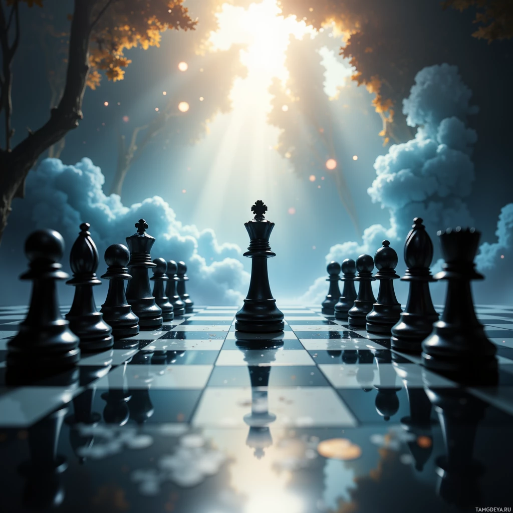 A chessboard with black pieces arranged in a line, set against a backdrop of a bright sky and trees.