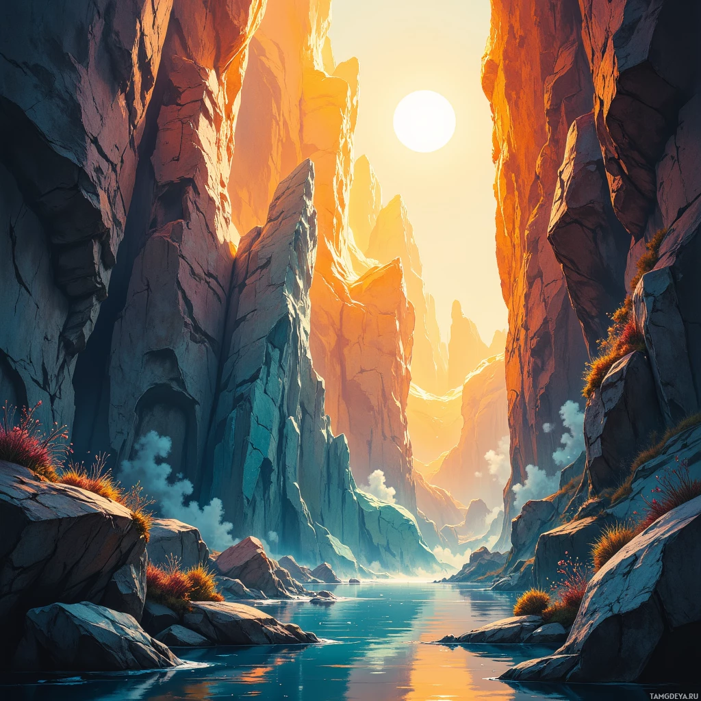 A serene canyon with towering rock formations and a calm river reflecting the warm hues of the setting sun.
