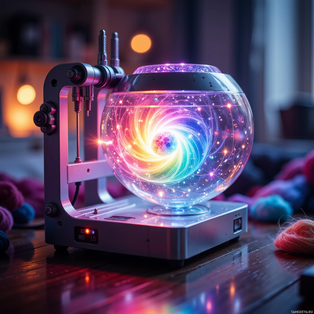 A glowing, colorful, spherical object with intricate patterns sits on a metallic stand on a wooden surface.