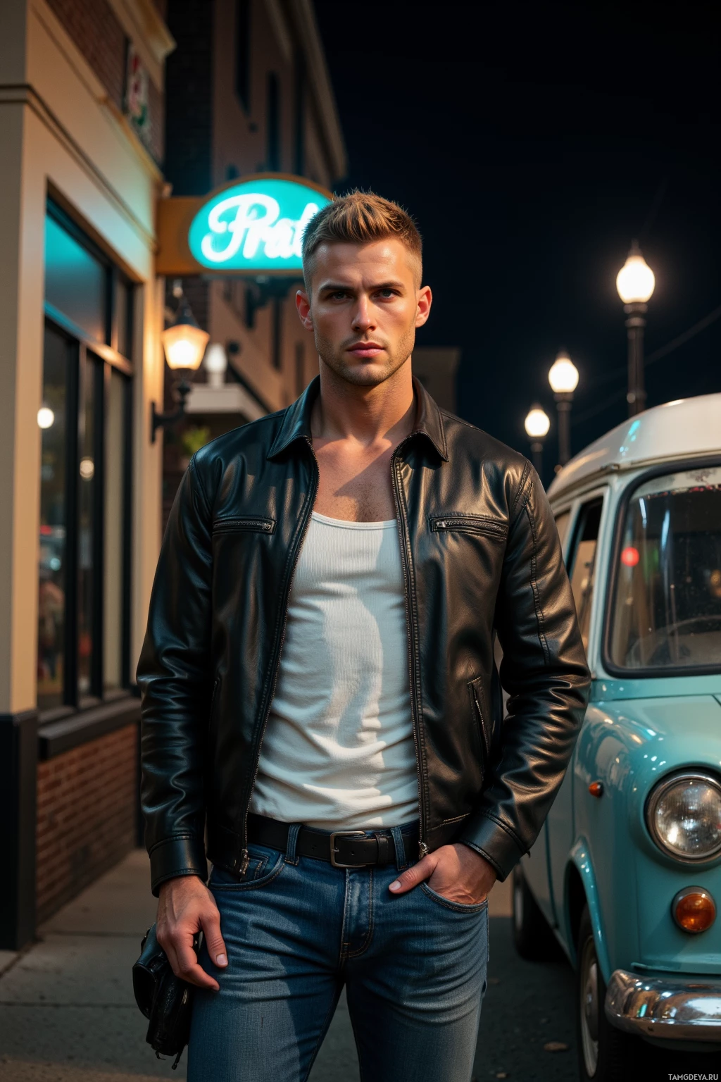 A man in a leather jacket and jeans stands on a street at night, near a vintage car and a lit storefront.