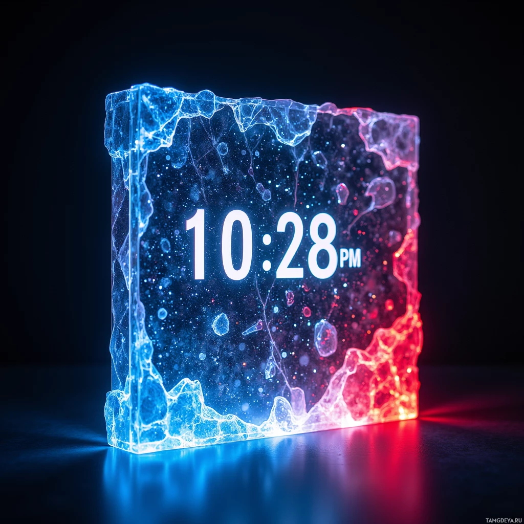 A glowing, translucent block with a digital clock reading "10:28 PM" set against a dark background.