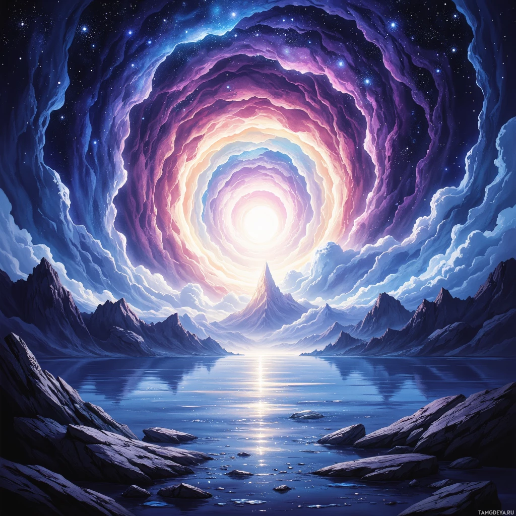 A surreal landscape featuring a glowing, spiral-shaped portal in the sky above a serene body of water and rugged mountains.
