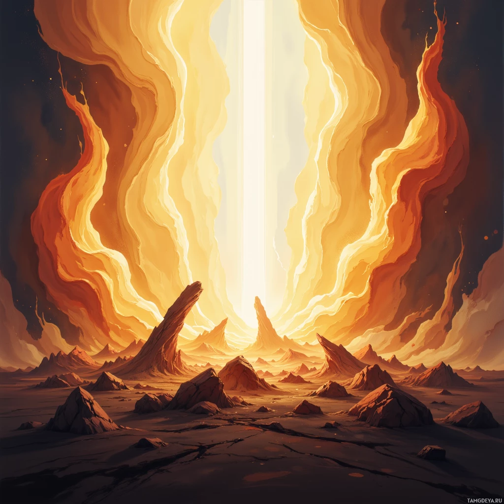 A fiery, surreal landscape with glowing orange and yellow hues and jagged rock formations.