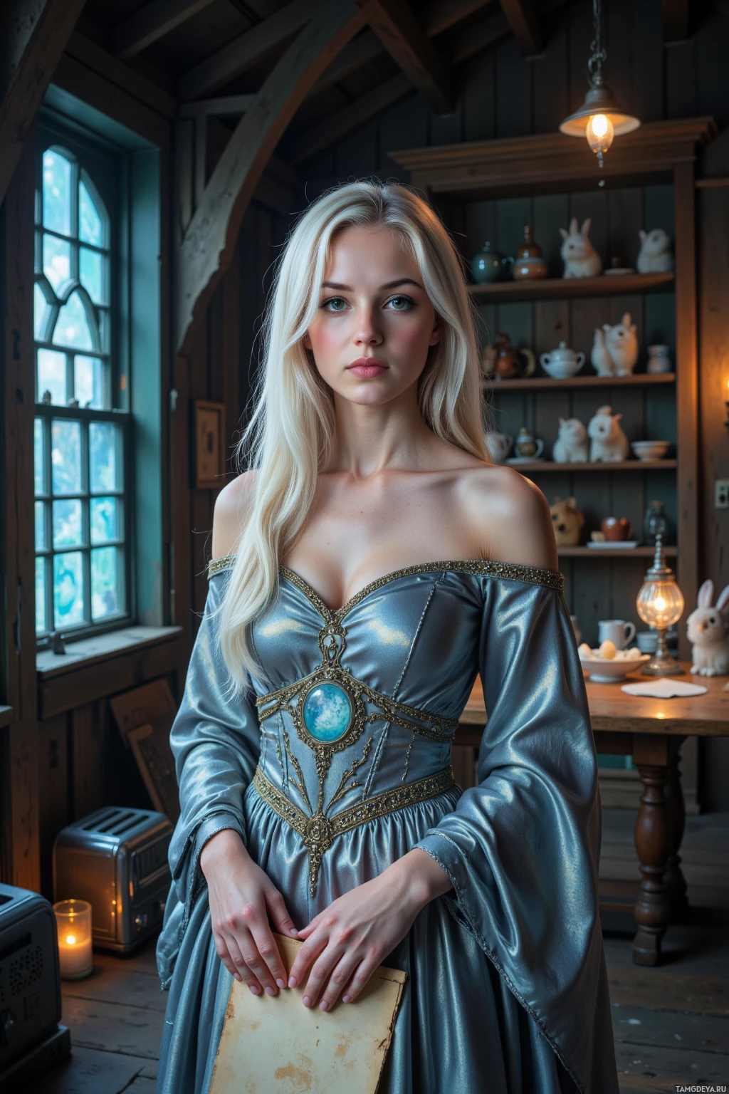 A woman in an elegant, off-the-shoulder gown stands in a cozy, rustic room with wooden shelves and a lit lamp.