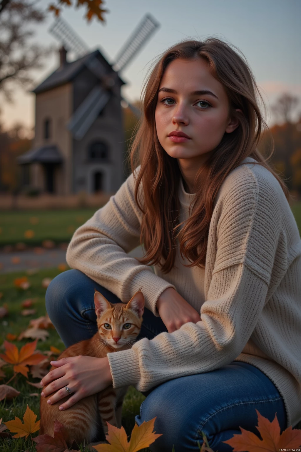 A person sits on the grass with an orange cat, surrounded by autumn leaves and a windmill in the background.