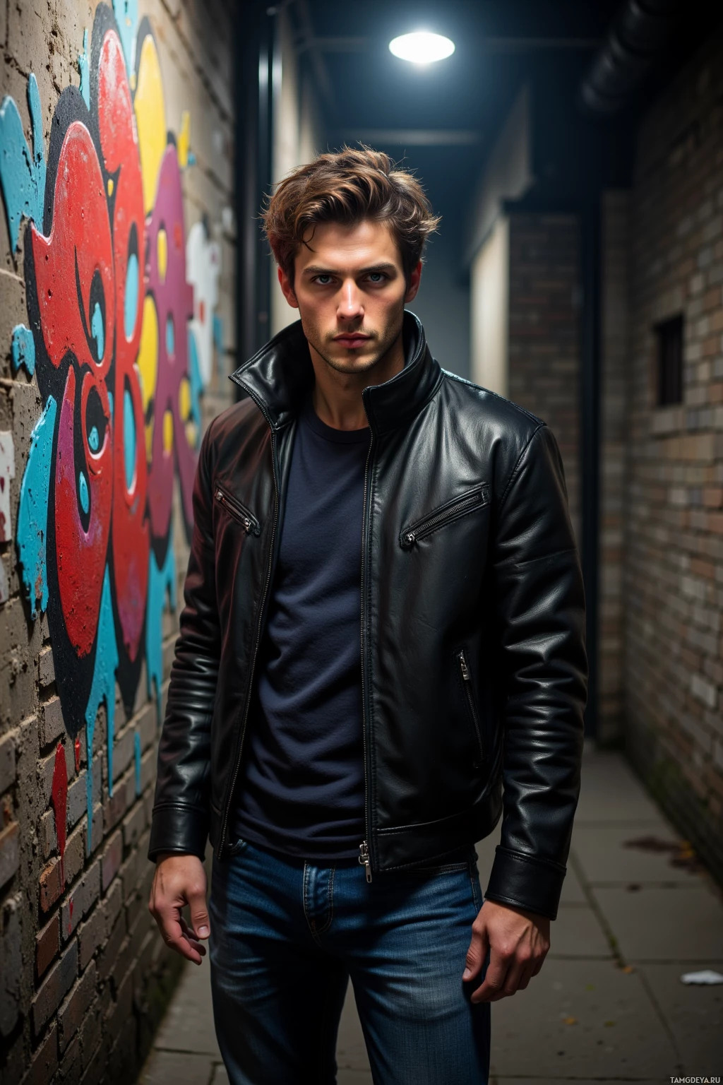A man stands in an alleyway wearing a black leather jacket and jeans, with colorful graffiti on the wall behind him.