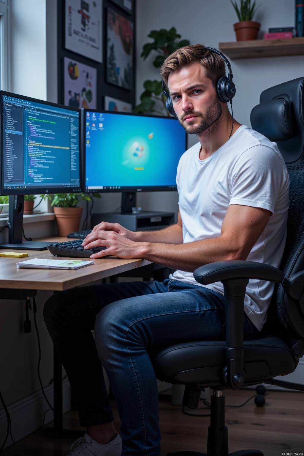 A person wearing headphones sits at a desk with dual monitors, working in a home office setting.