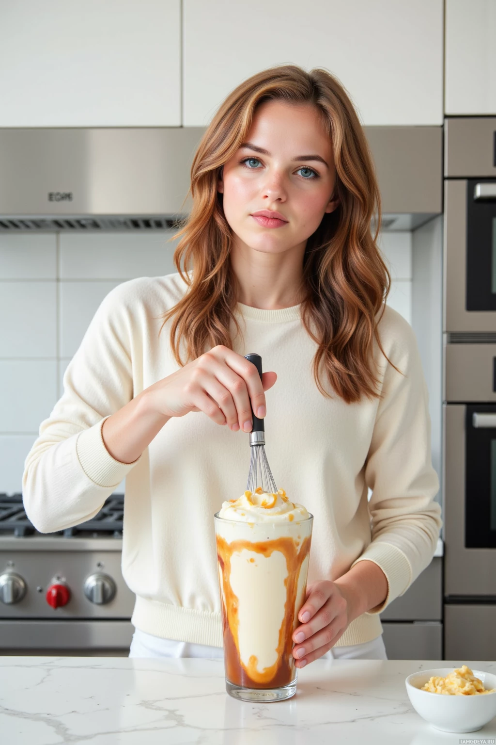 A person in a kitchen stirs a caramel and cream dessert in a glass.