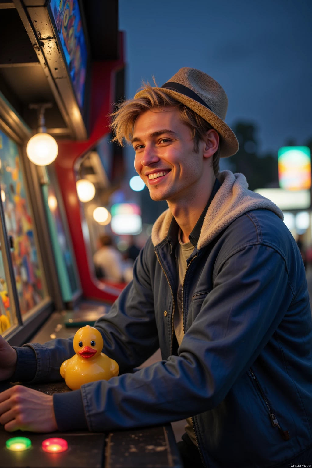 A young man in a hat and jacket smiles while playing an arcade game.