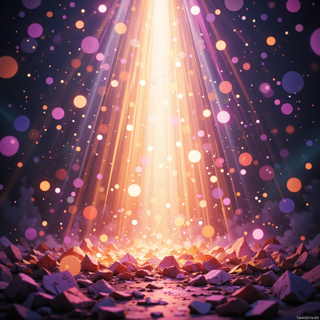 A radiant scene with beams of light and colorful particles above a rocky ground.