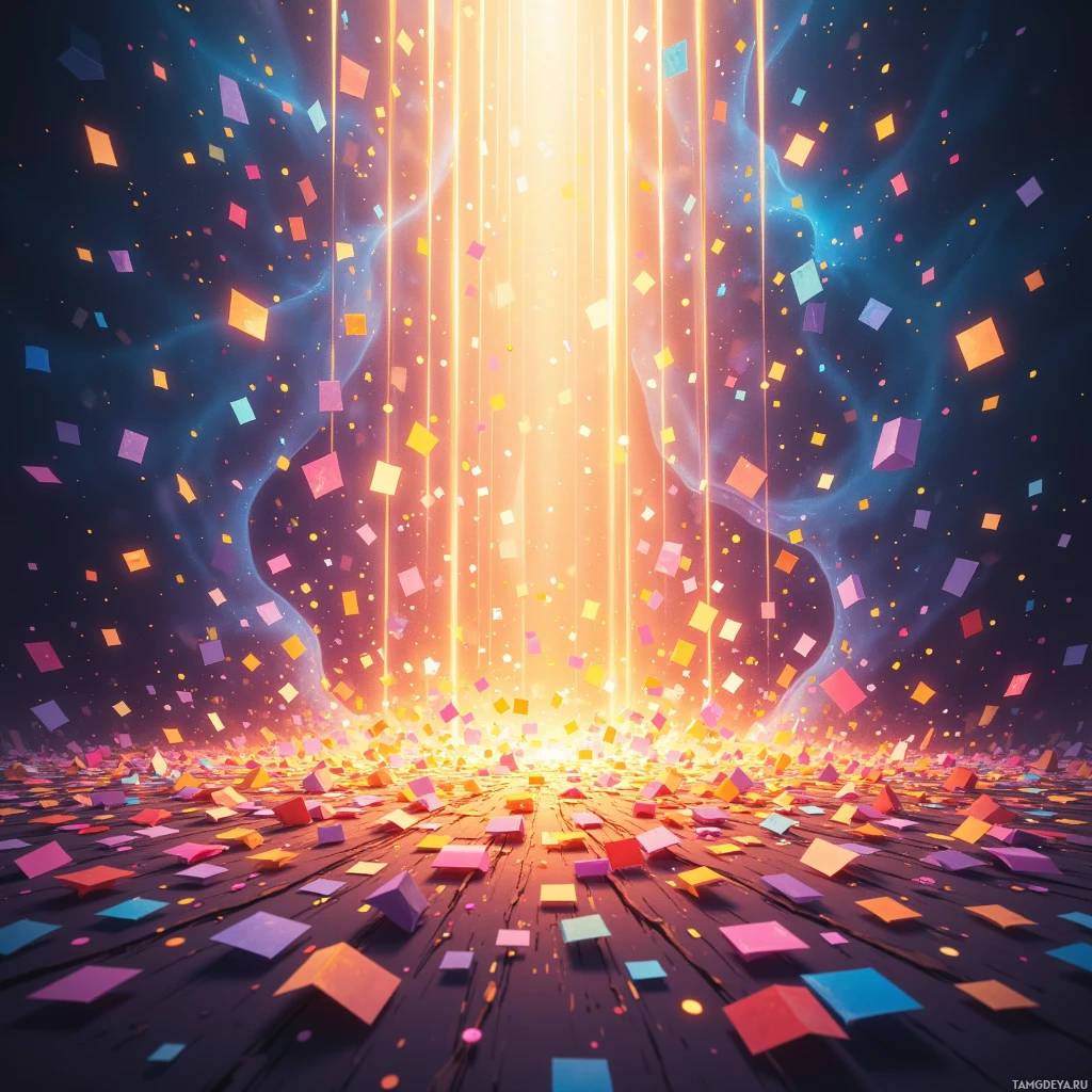 A vibrant, abstract scene featuring colorful geometric shapes falling and glowing light beams against a dark background.