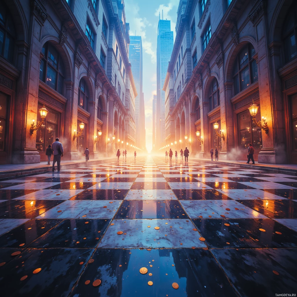 A city street lined with ornate buildings and people walking, with a bright sky and scattered coins on the wet pavement.