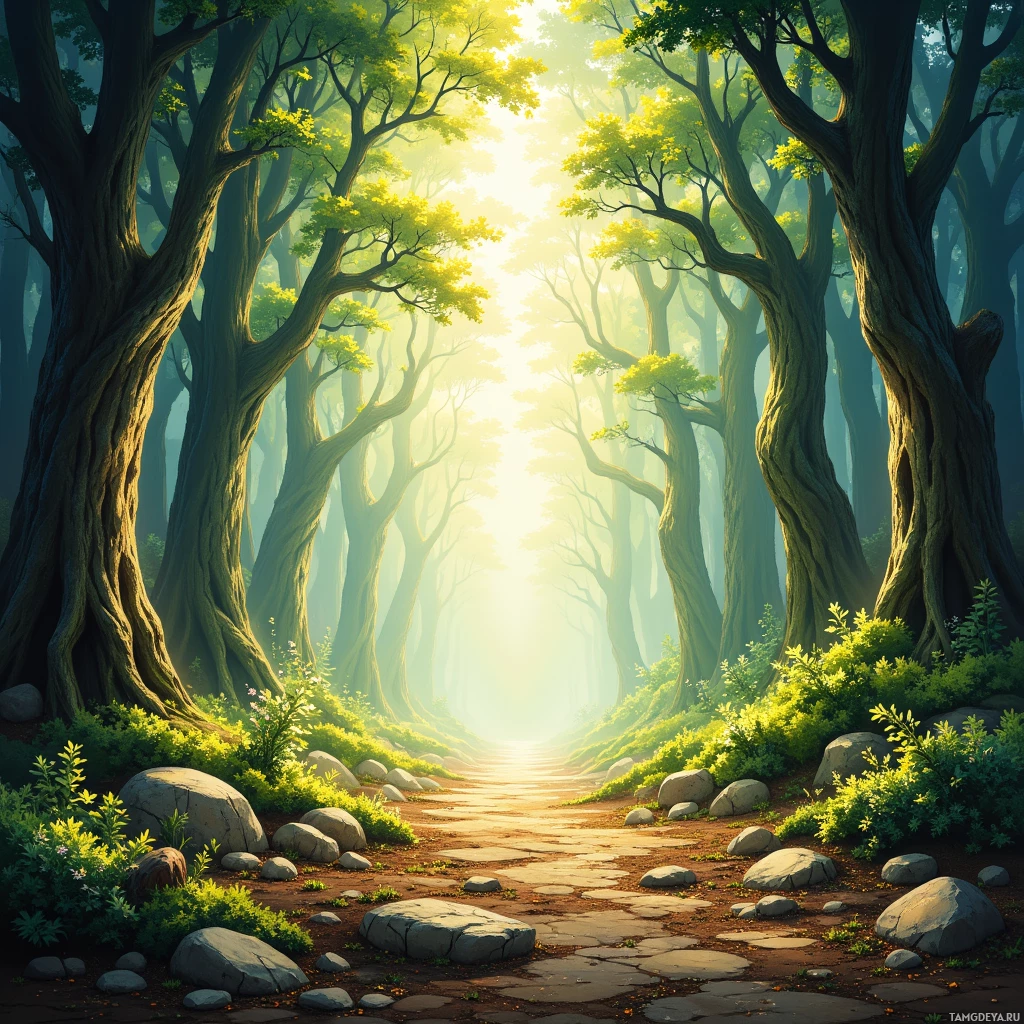 A serene forest scene with a sunlit path winding through tall trees and lush greenery.