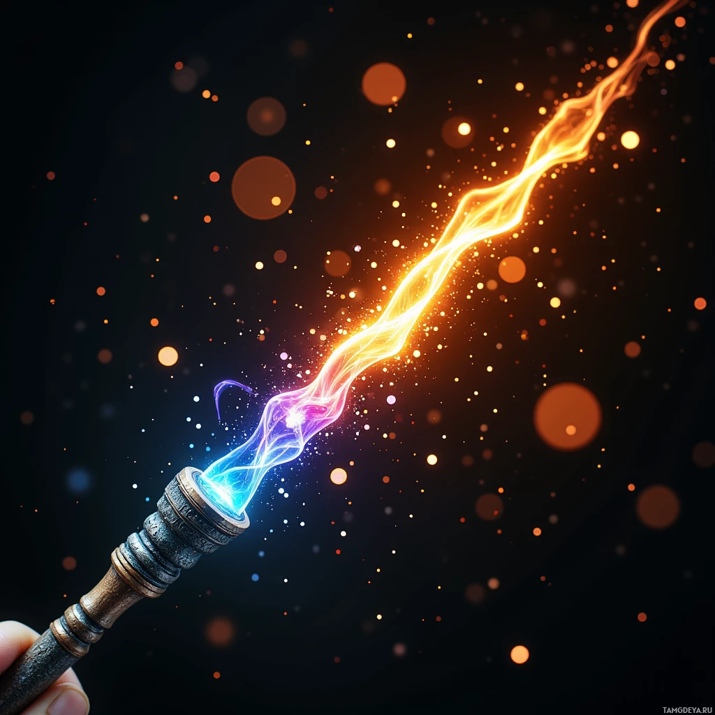 A glowing, colorful beam of light emanates from a metallic wand against a dark background.