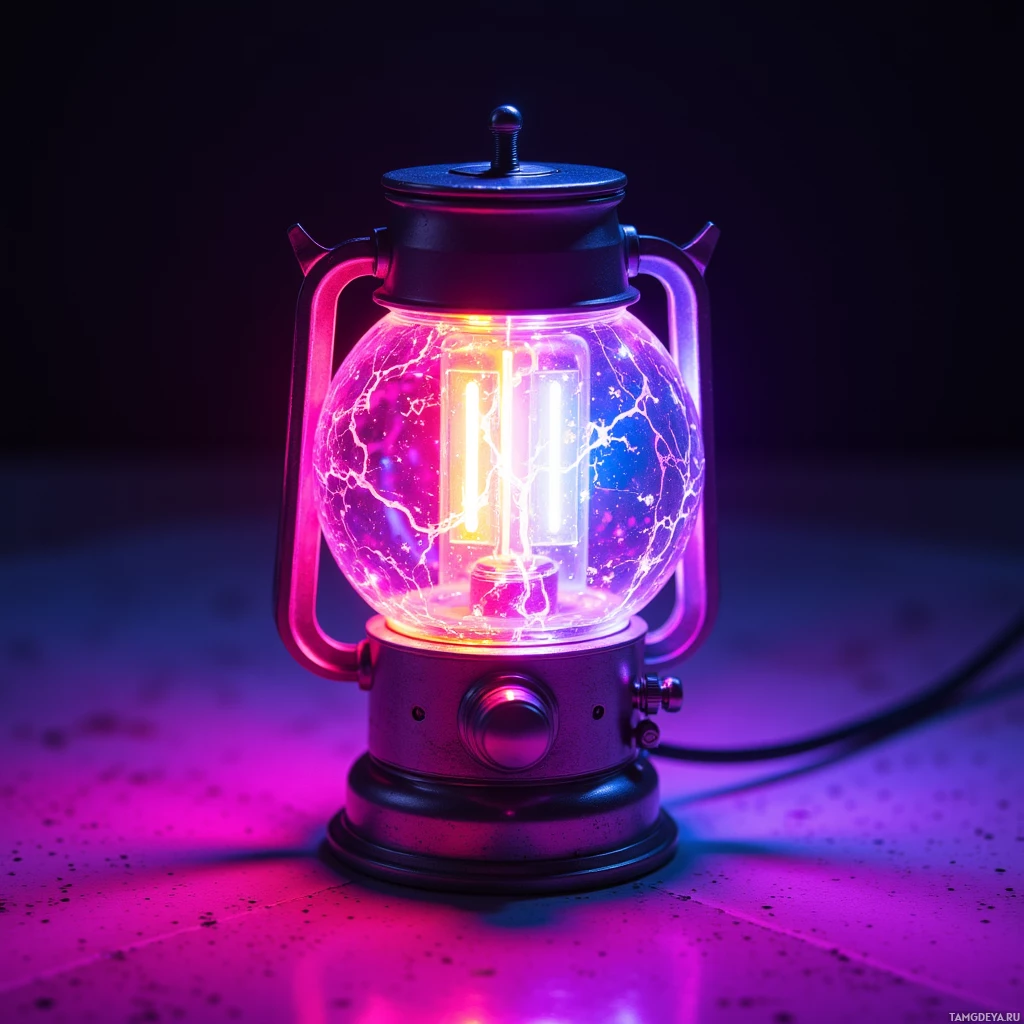 A glowing, neon-lit lantern with intricate patterns and a metallic base.