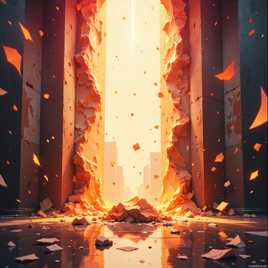 A cracked and crumbling wall with debris falling, revealing a bright light source beyond.