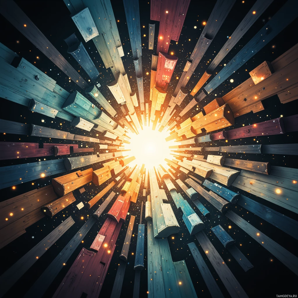 A radiant burst of colorful wooden planks radiating outward against a starry night sky.