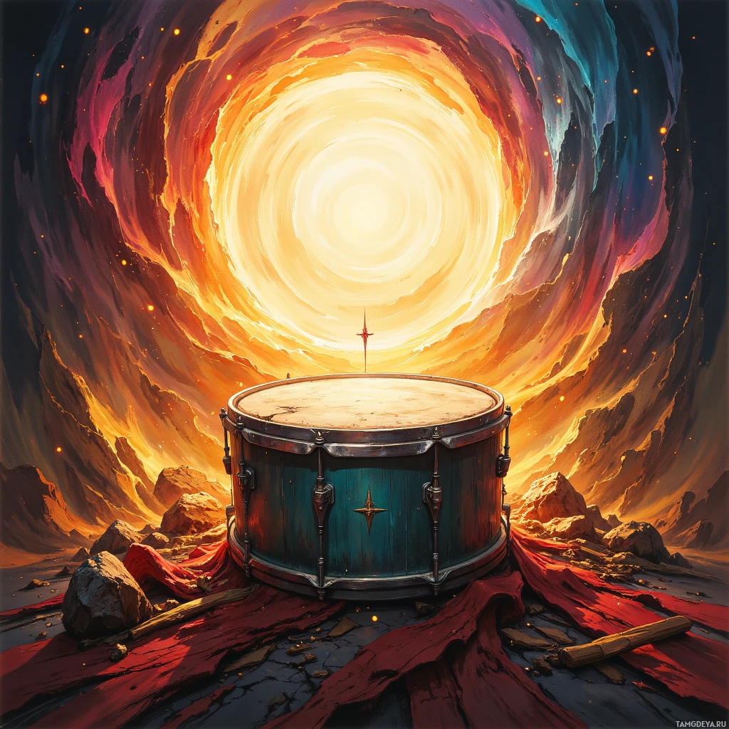 A drum sits in a surreal, fiery landscape with swirling colors and glowing particles.