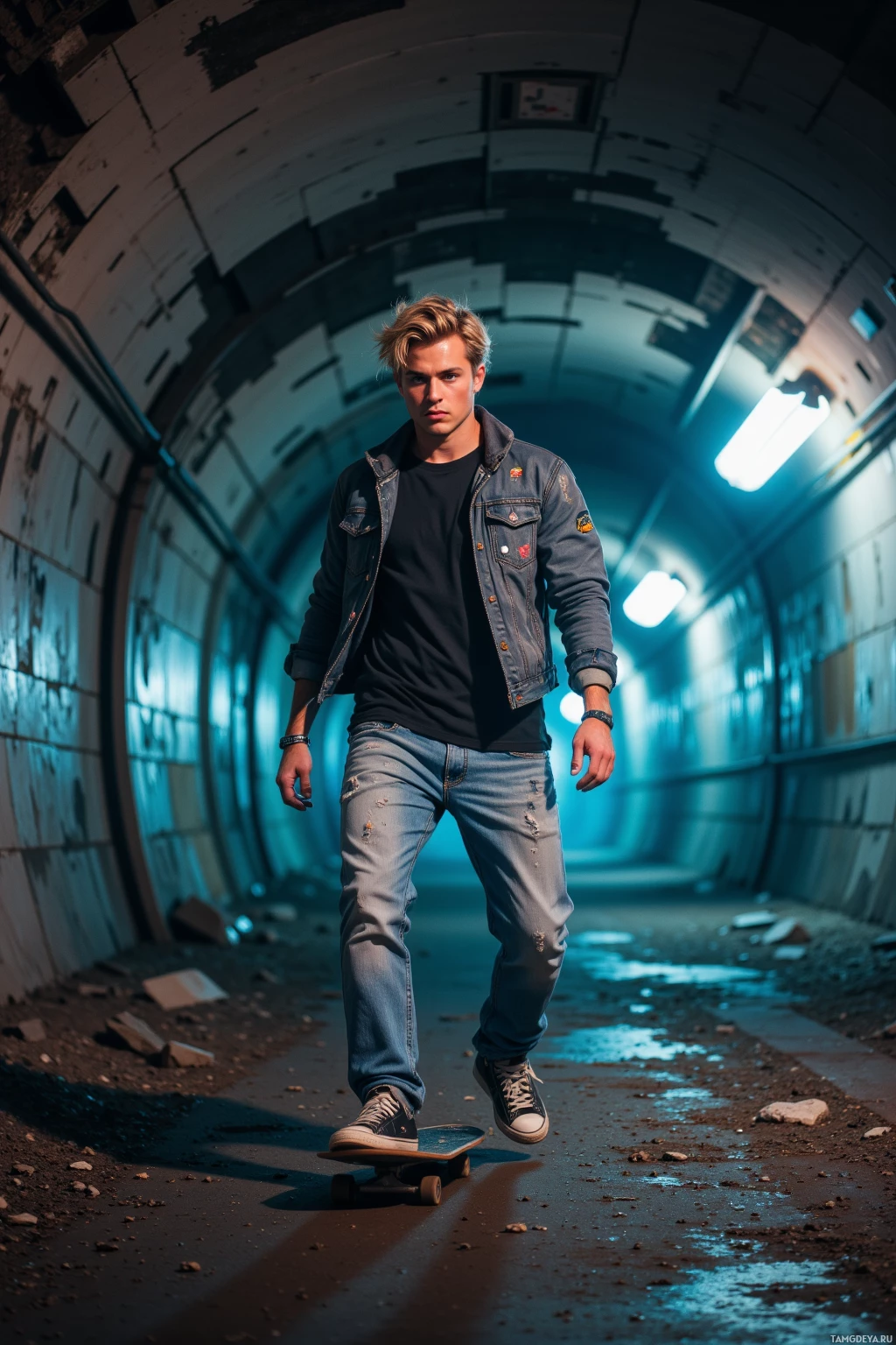 A young man skateboards in a dimly lit tunnel.
