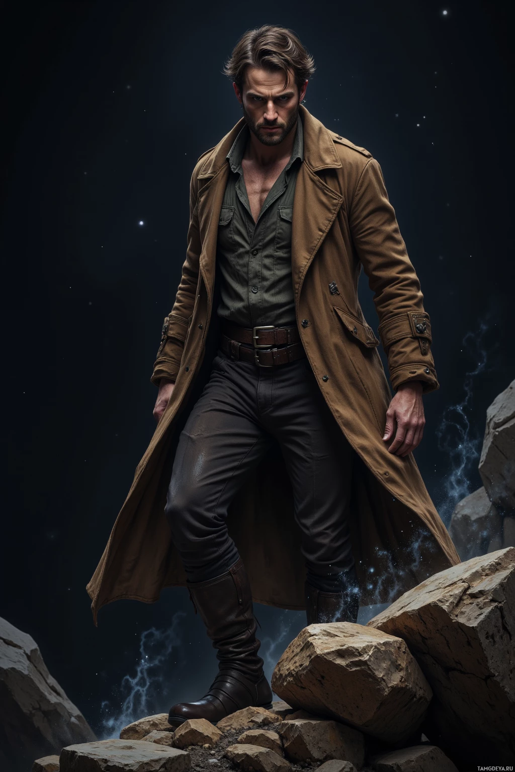 A man in a brown trench coat and leather boots stands on rocks against a starry night sky.