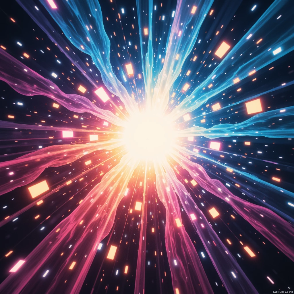 A vibrant cosmic scene with glowing particles and streaks of light radiating outward.