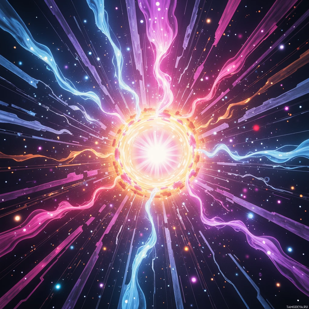 A vibrant cosmic scene with swirling energy streams and star-like particles radiating outward.