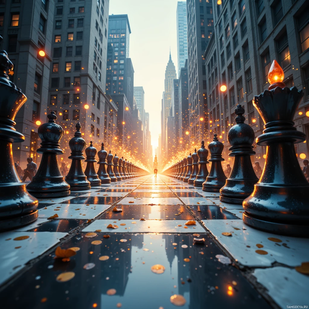 A surreal cityscape with towering buildings and a reflective chessboard street lined with large chess pieces.