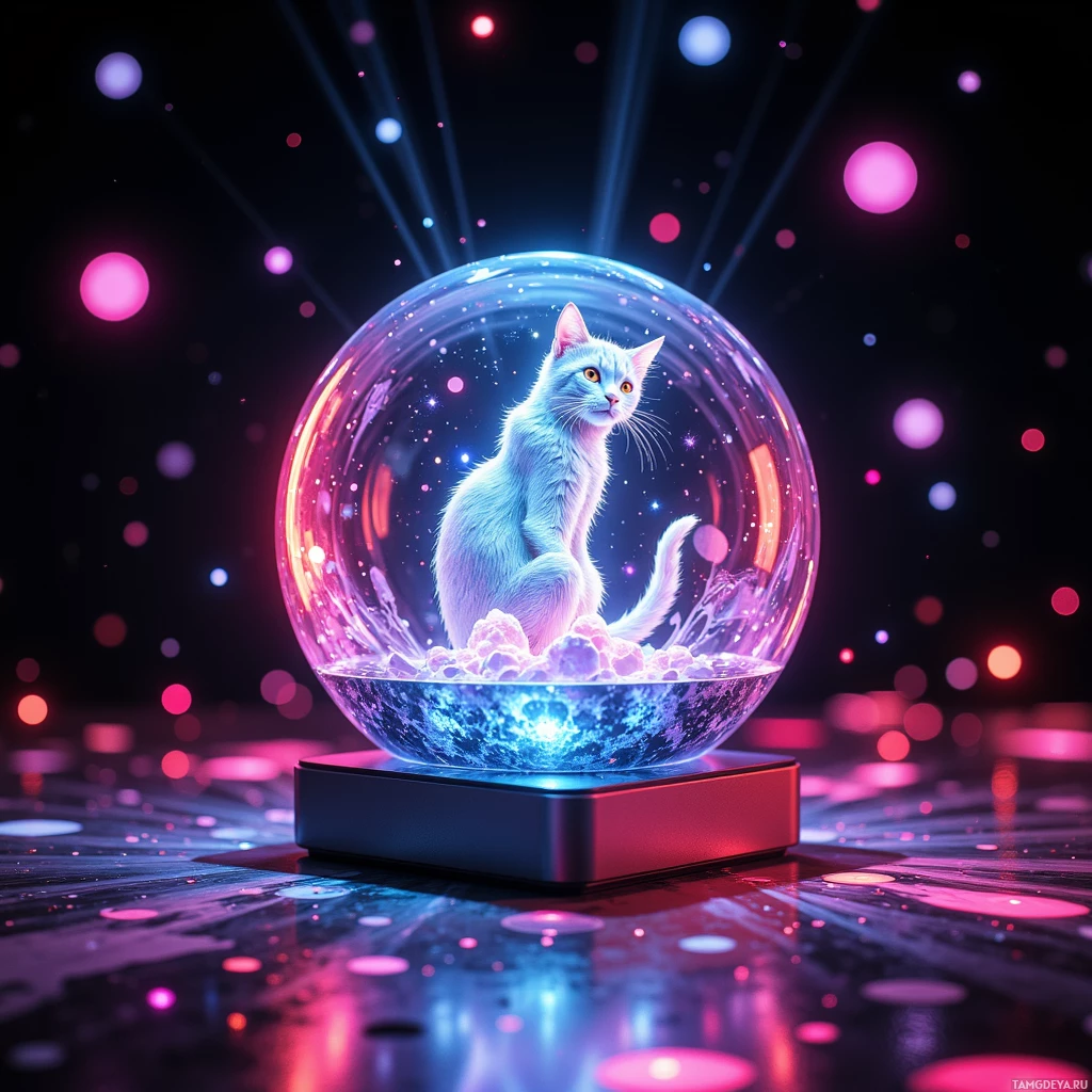 A glowing cat inside a crystal ball with colorful lights and particles in the background.