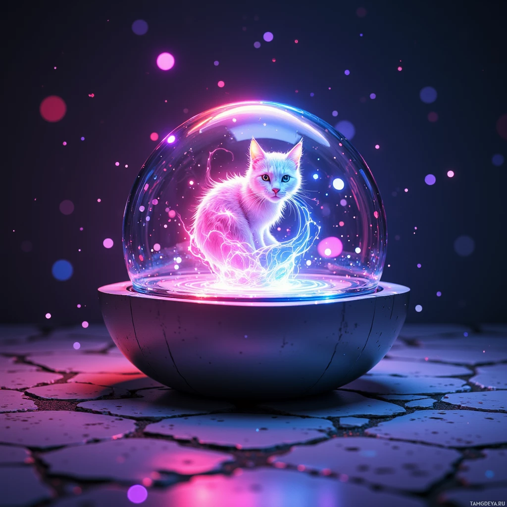 A glowing cat inside a glass sphere on a cracked surface.