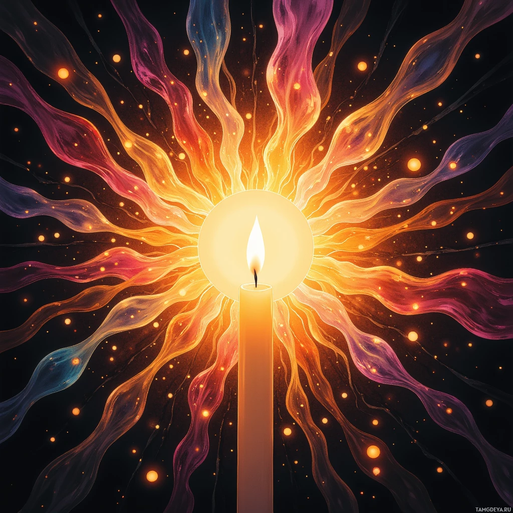 A glowing candle with vibrant, flowing light rays extending outward against a dark background.