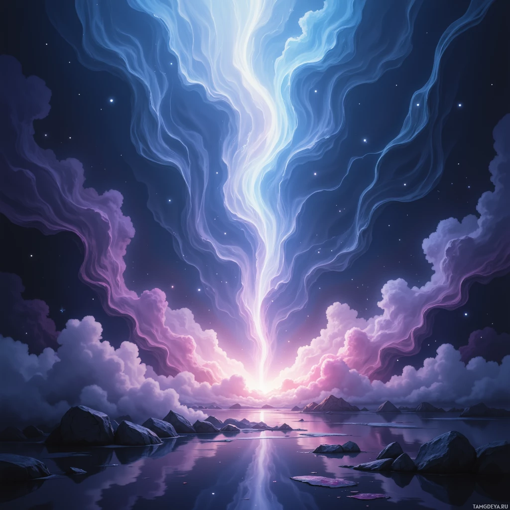 A serene night scene with a glowing light beam descending from the sky, reflected in calm water, surrounded by clouds and distant mountains.