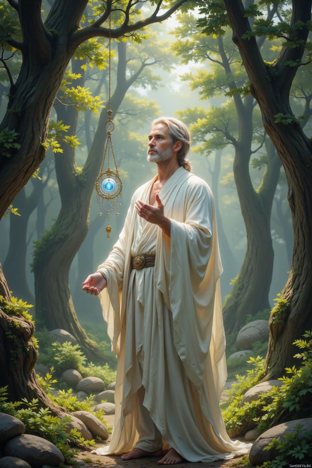 A man in flowing robes stands in a serene forest, holding a glowing orb.