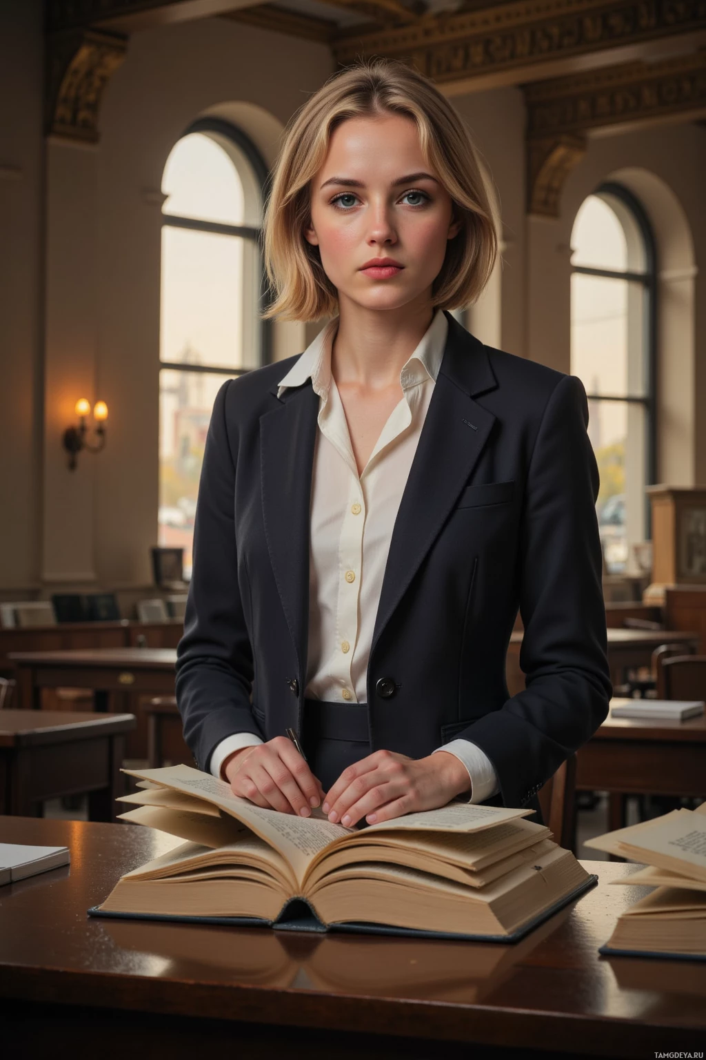 A woman in a professional suit stands in a library, holding a pen and looking at an open book on a desk.