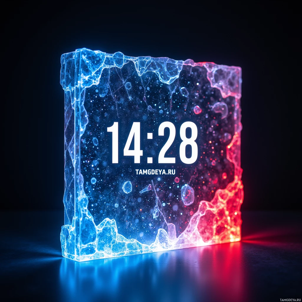 A glowing, translucent block with a digital clock reading "14:28" and a website address "TAMGDEYA.RU" on a dark background.