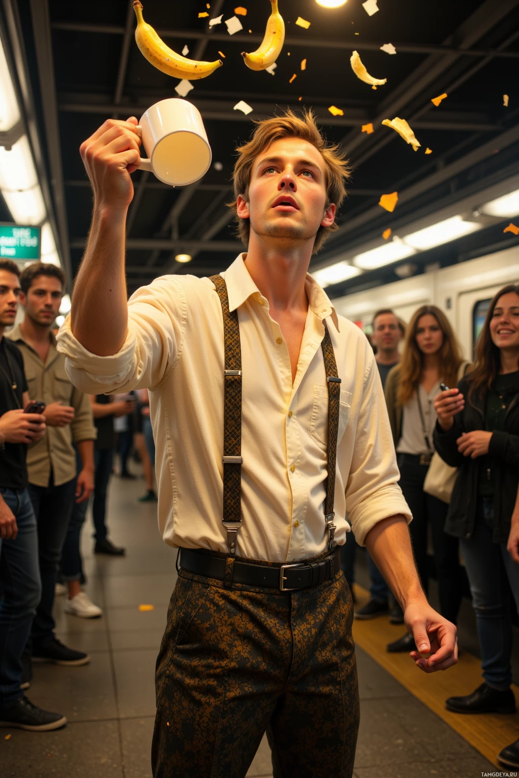 A man in a white shirt and patterned pants holds a cup above his head in a crowded subway setting.