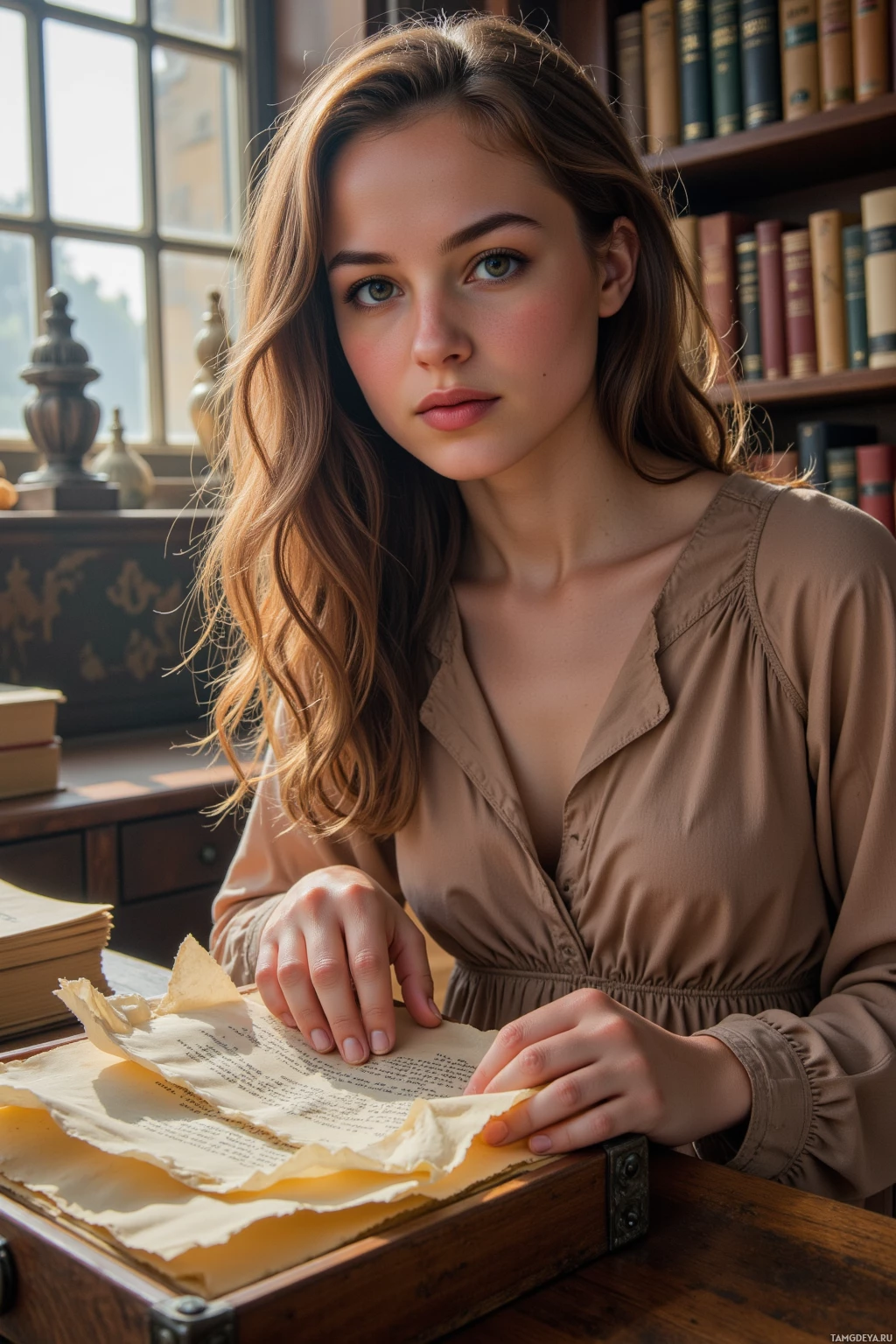 A woman sits at a desk in a library, holding a piece of paper.