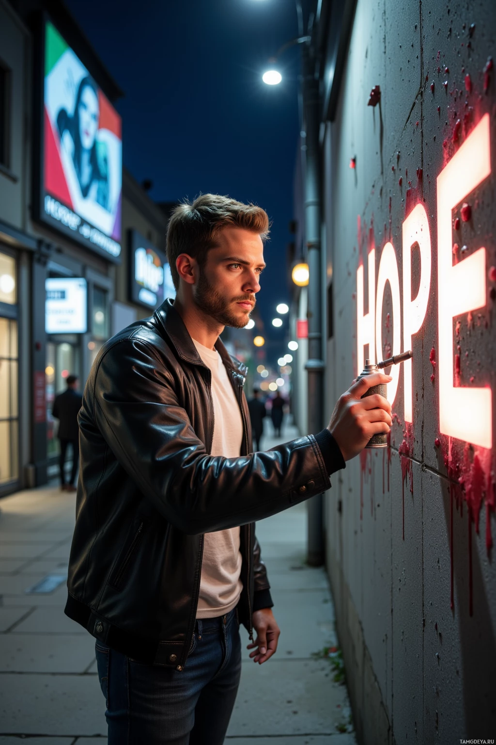 A man in a leather jacket spray-paints "HOPE" on a wall at night.