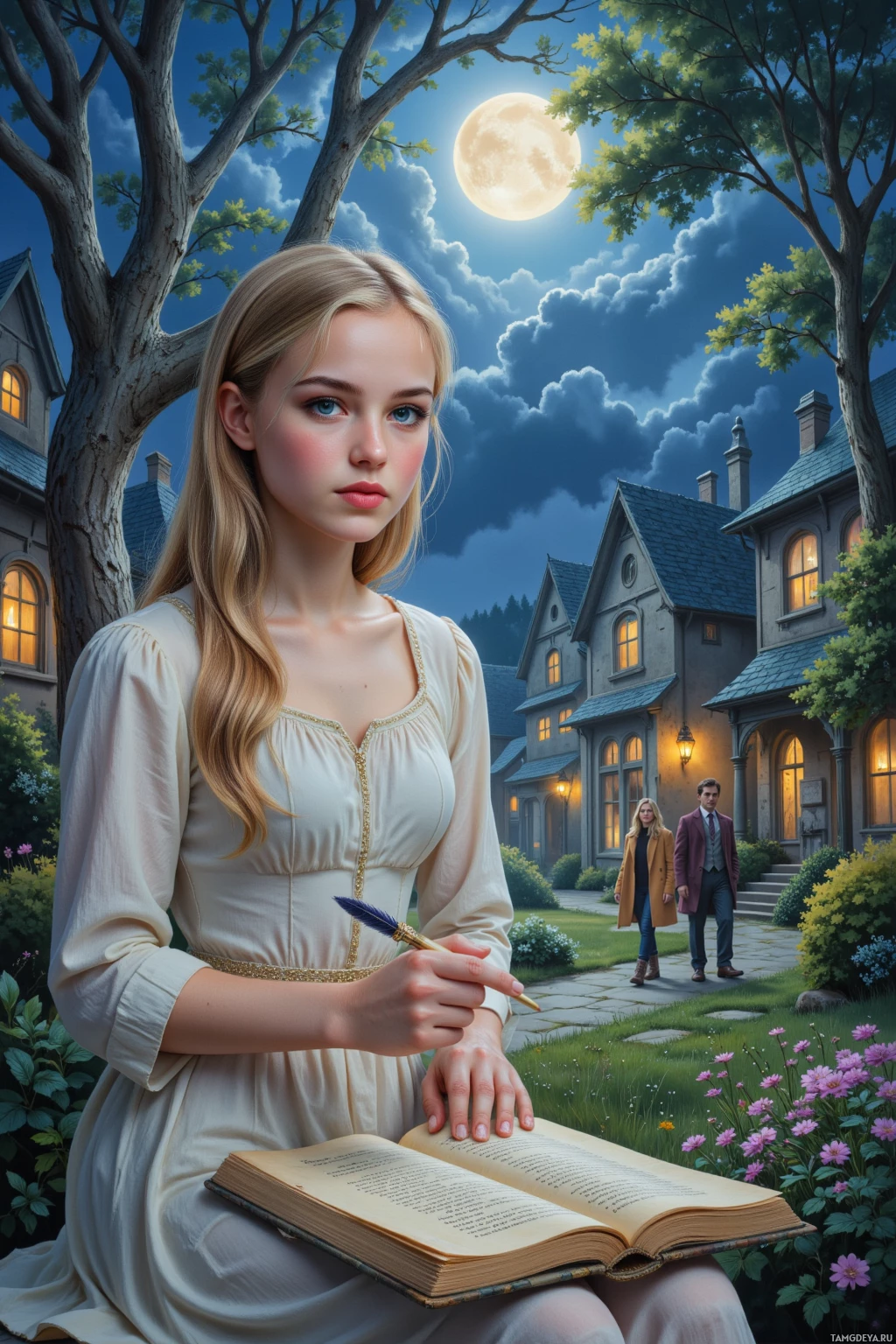 A woman in a white dress sits in a garden, holding a quill and reading an open book, with a house and people in the background under a full moon.