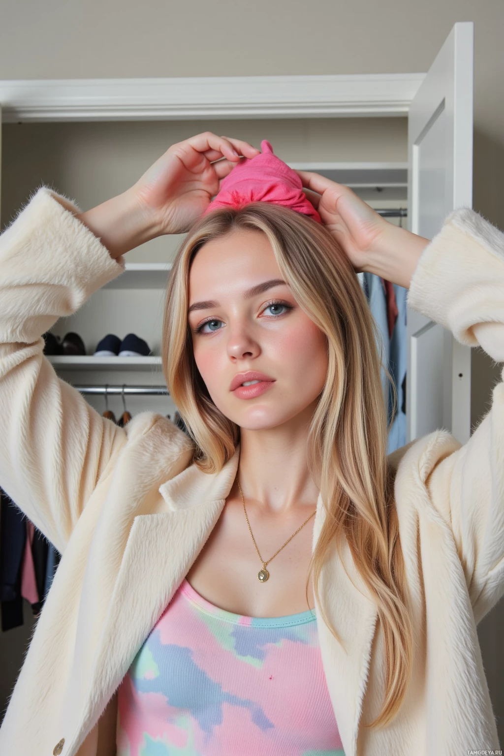 A person adjusts a pink headband while wearing a fur coat and tie-dye top in a closet setting.